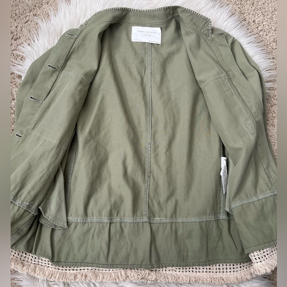 {Zara Woman} Tassel Coin Fringe Trim Short Parka Utility Jacket in Green - Small - Picture 10 of 12